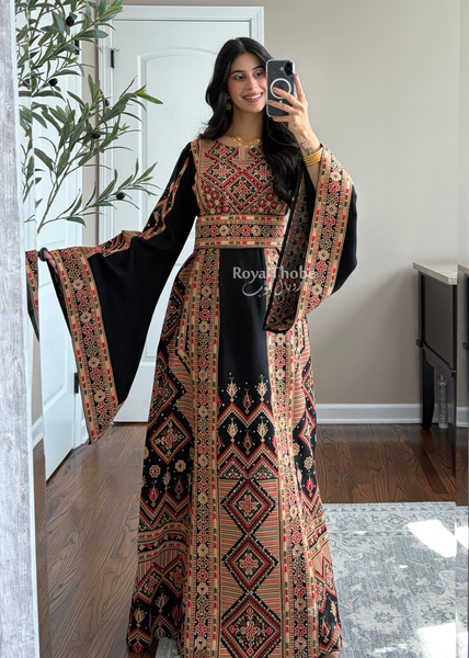 Black//Gold Dimond Long Full Embroidered Linen Fabric Thobe