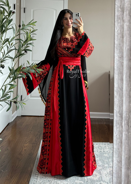 Black/Red Classic Simple Satin Long Full Embroidered Thobe