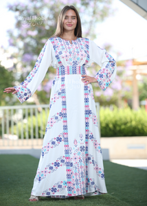 White/Blue Simple Flower Long Full Embroidered Thobe