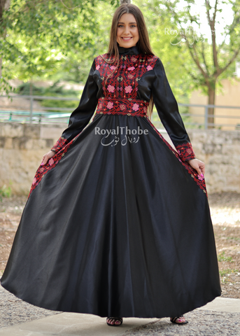 Black/Red Satin Turtleneck Modern Long Embroidered Dress