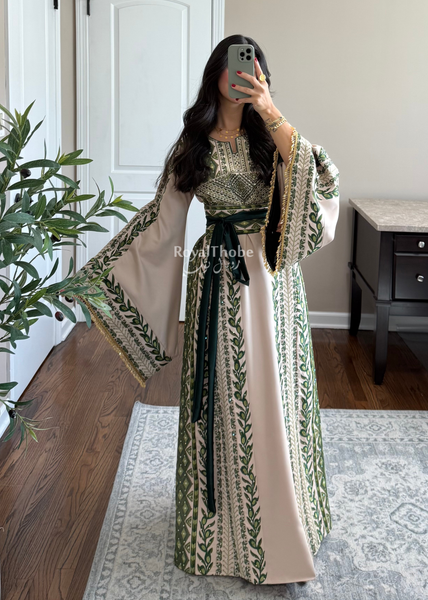 Beige/ Olive Green Zaytona Branches Full Embroidered Thobe With Fringe Sleeves