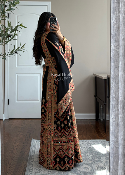 Black//Gold Dimond Long Full Embroidered Linen Fabric Thobe