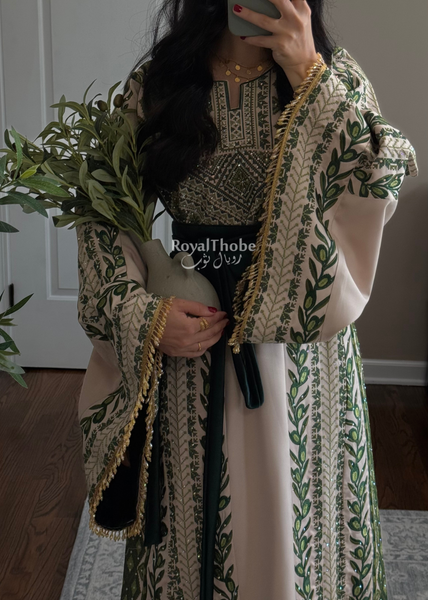 Beige/ Olive Green Zaytona Branches Full Embroidered Thobe With Fringe Sleeves