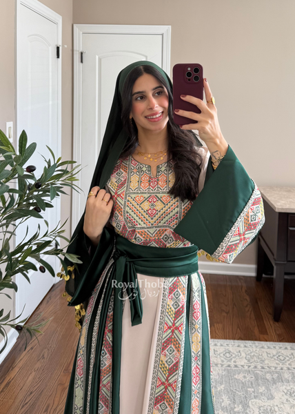 Beige/Olive Green Simple Full Embroidered Thobe