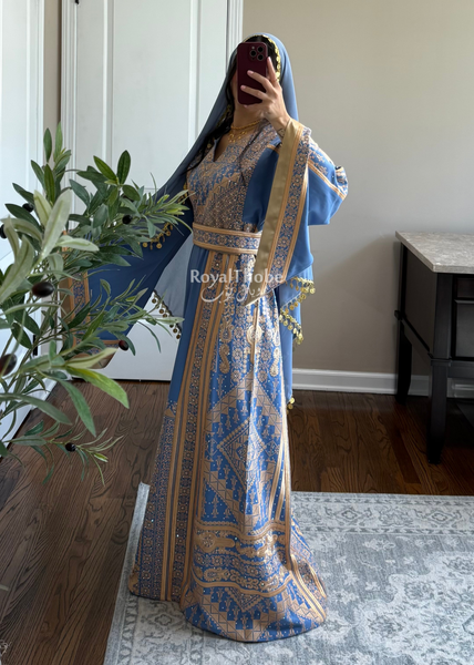 Blue /Gold Flower Malekah Full Embroidered Thobe