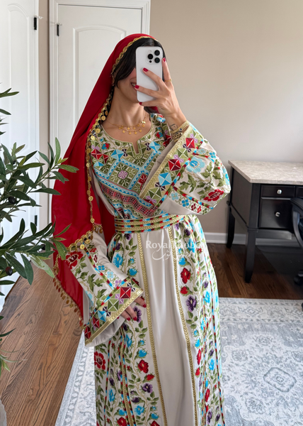 Beige/Cream Colorful Wardeh Kasab Long Full Embroidered Thobe