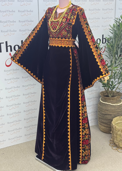 Velvet Brown Simple Floral Long Embroidered Thobe/Dress