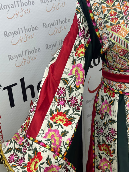 Olive Green & Cream Beige Satin Floral Full Embroidered Thobe with Gold Beaded Fringe Sleeves