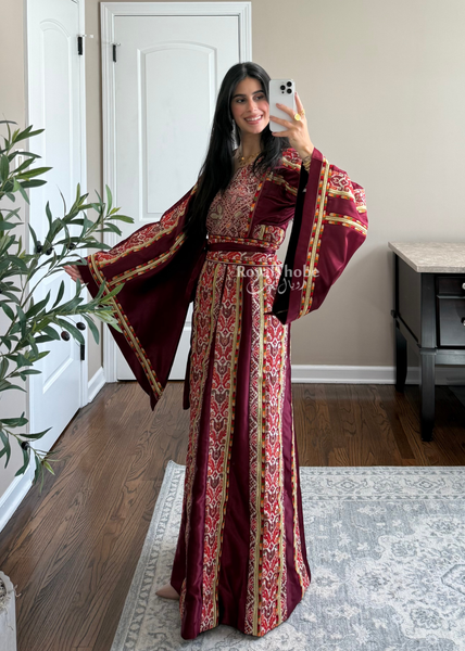Burgundy Satin Kasab Full Embroidered Thobe