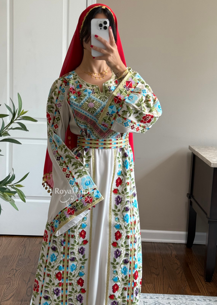 Beige/Cream Colorful Wardeh Kasab Long Full Embroidered Thobe