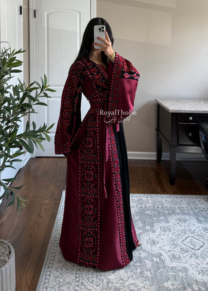 Black/Burgundy Long Full Embroidered Thobe