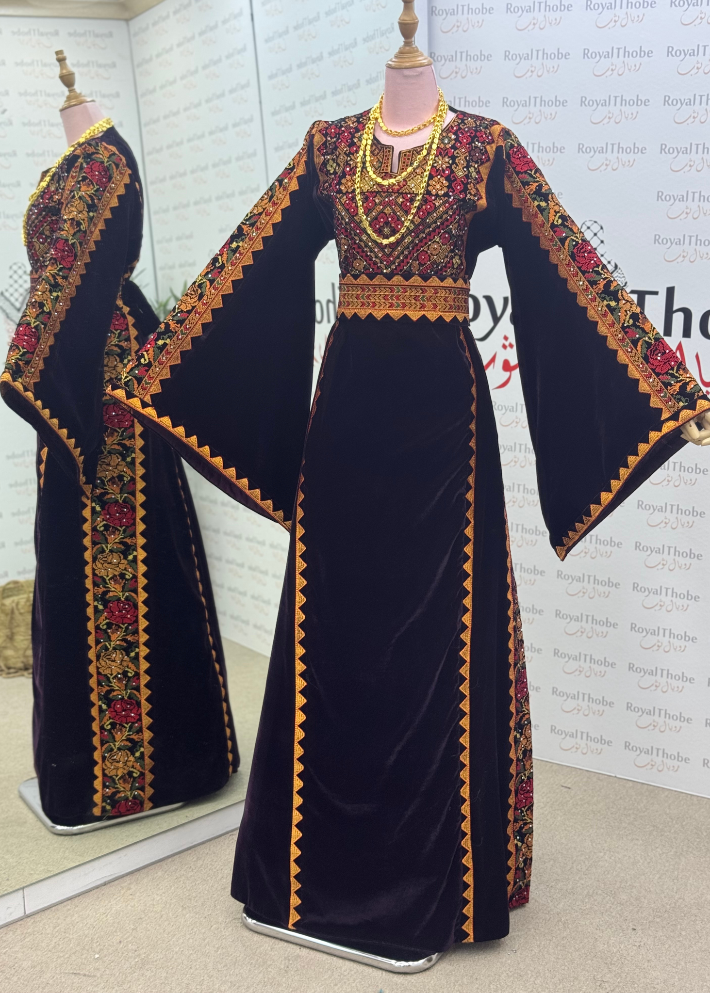 Velvet Brown Simple Floral Long Embroidered Thobe/Dress