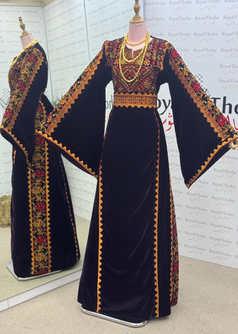 Velvet Brown Simple Floral Long Embroidered Thobe/Dress