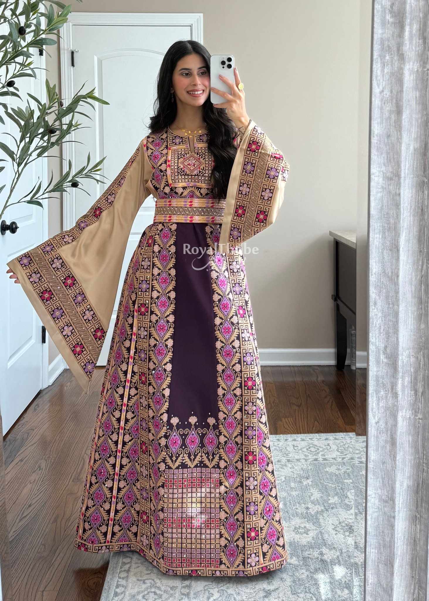Purple/Beige Floral Long Full Embroidered Thobe With Reversible Beige Satin Belt