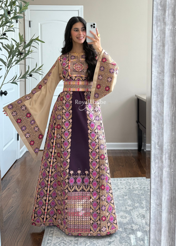 Purple/Beige Floral Long Full Embroidered Thobe With Reversible Beige Satin Belt