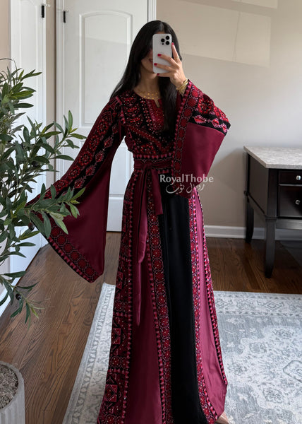 Black/Burgundy Long Full Embroidered Thobe