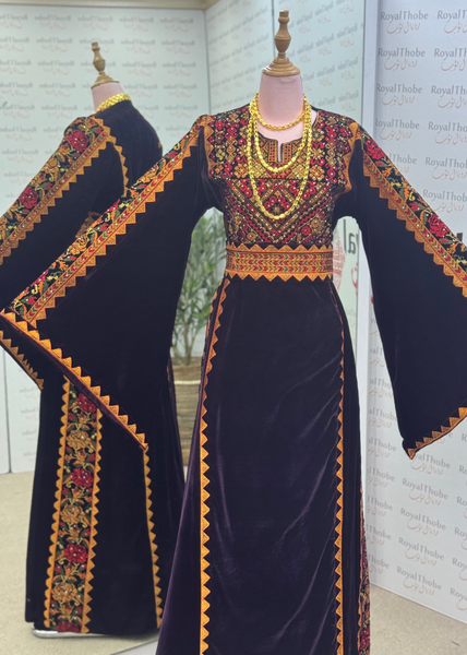 Velvet Brown Simple Floral Long Embroidered Thobe/Dress