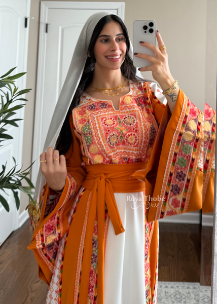 White/ Mustard Orange Maleka Floral Long Embroidered Thobe