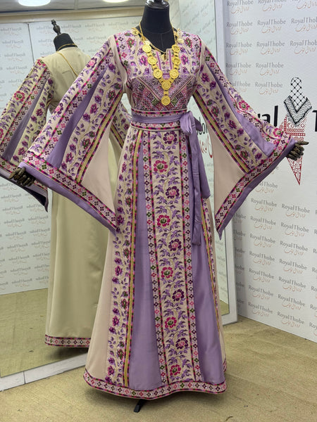Beige / Lavender Floral Long Full Embroidered Thobe