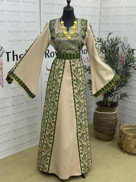 Beige & Olive Green Zaytona Long Full Embroidered Thobe