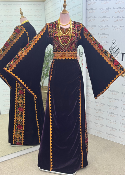 Velvet Brown Simple Floral Long Embroidered Thobe/Dress