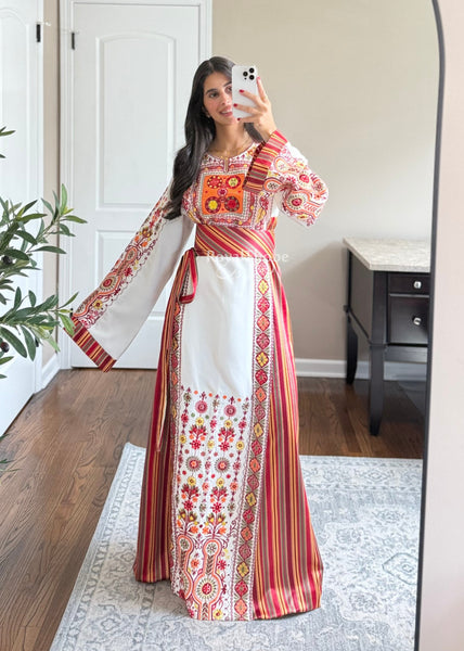 Sunset White/Orange Saya Maleka Full Embroidered Thobe