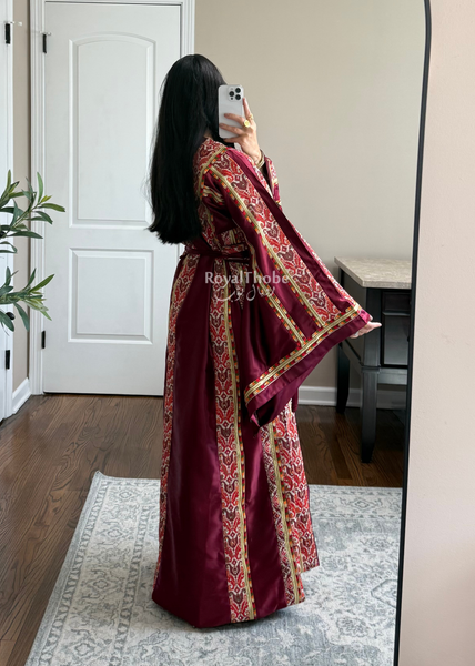 Burgundy Satin Kasab Full Embroidered Thobe