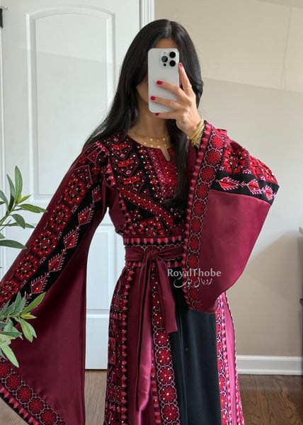Black/Burgundy Long Full Embroidered Thobe