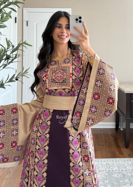 Purple/Beige Floral Long Full Embroidered Thobe With Reversible Beige Satin Belt