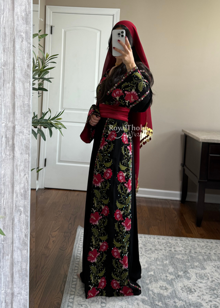 Floral Black/Red Long Full Embroidered Thobe