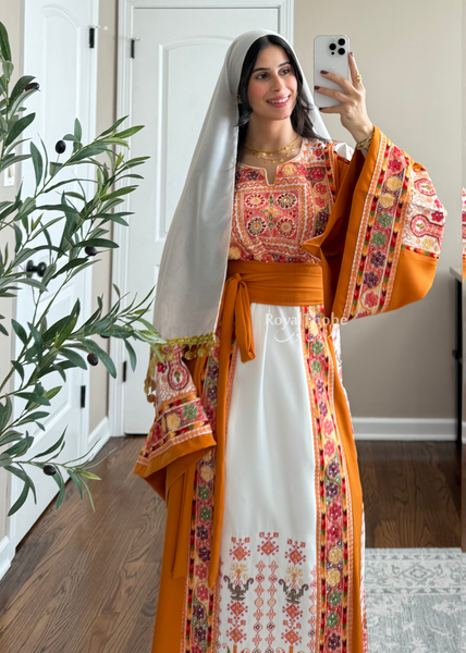 White/ Mustard Orange Maleka Floral Long Embroidered Thobe