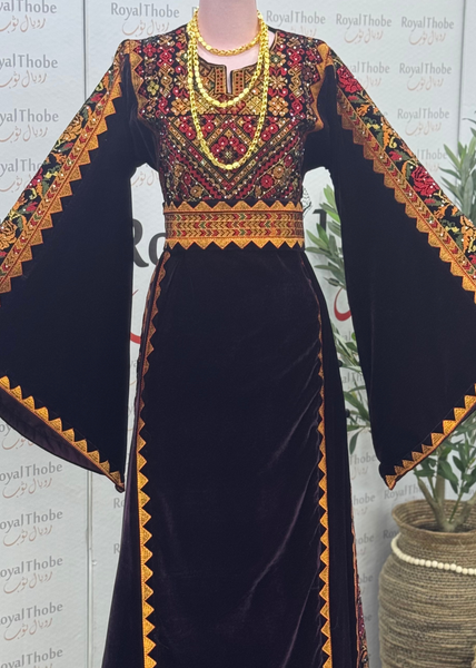 Velvet Brown Simple Floral Long Embroidered Thobe/Dress