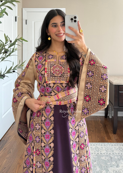 Purple/Beige Floral Long Full Embroidered Thobe With Reversible Beige Satin Belt