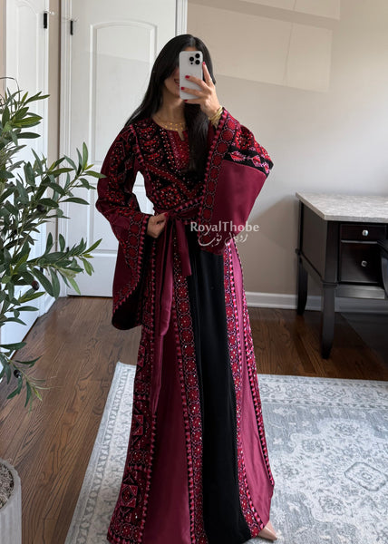 Black/Burgundy Long Full Embroidered Thobe