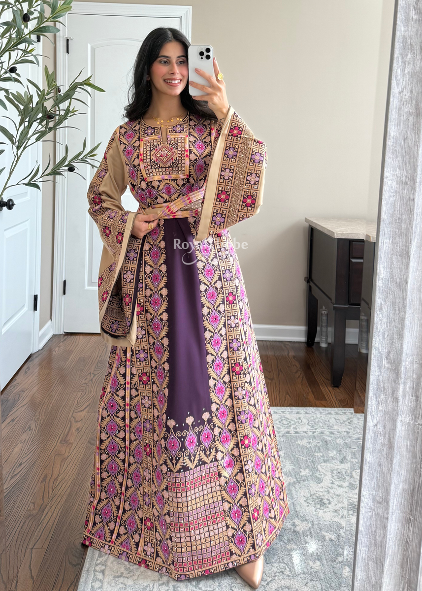 Purple/Beige Floral Long Full Embroidered Thobe With Reversible Beige