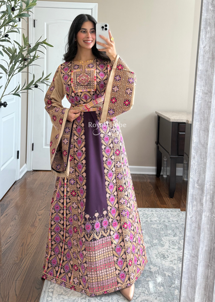 Purple/Beige Floral Long Full Embroidered Thobe With Reversible Beige Satin Belt