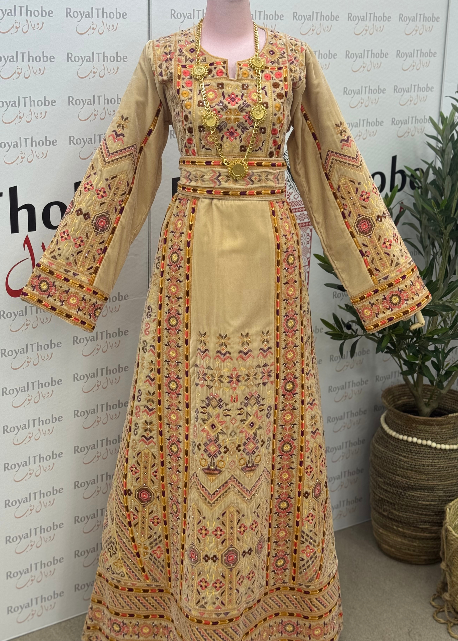 Velvet Beige Long Full Embroidered Thobe