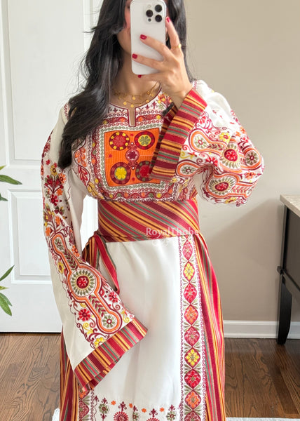 Sunset White/Orange Saya Maleka Full Embroidered Thobe