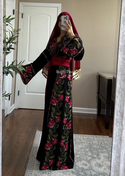 Floral Black/Red Long Full Embroidered Thobe