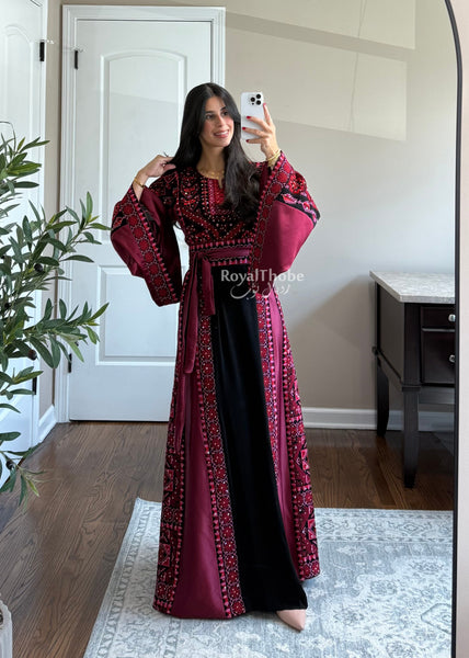 Black/Burgundy Long Full Embroidered Thobe