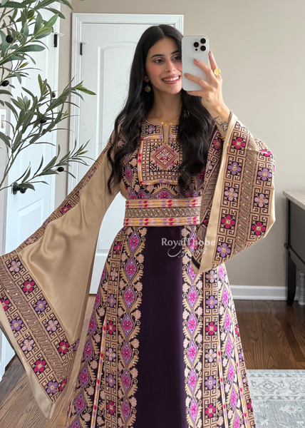Purple/Beige Floral Long Full Embroidered Thobe With Reversible Beige Satin Belt