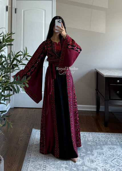 Black/Burgundy Long Full Embroidered Thobe