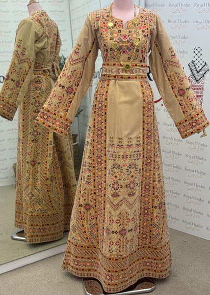 Velvet Beige Long Full Embroidered Thobe
