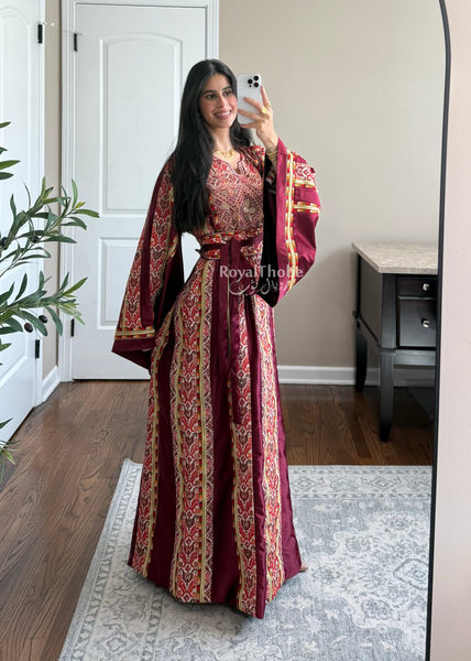 Burgundy Satin Kasab Full Embroidered Thobe