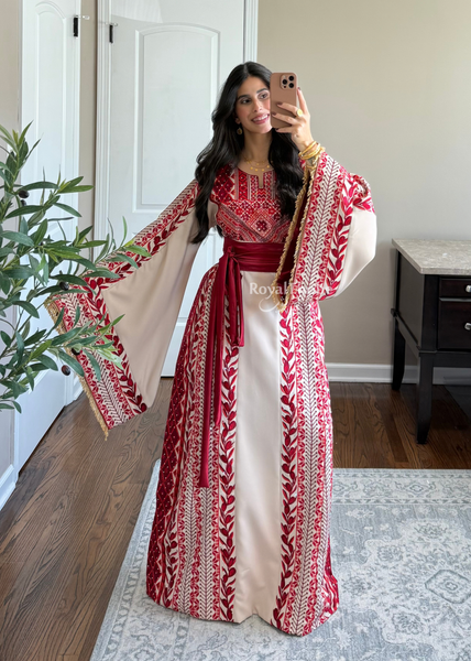 Beige/ Burgundy Zaytona Branches Full Embroidered Thobe