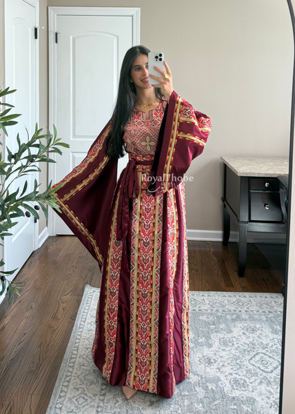 Burgundy Satin Kasab Full Embroidered Thobe