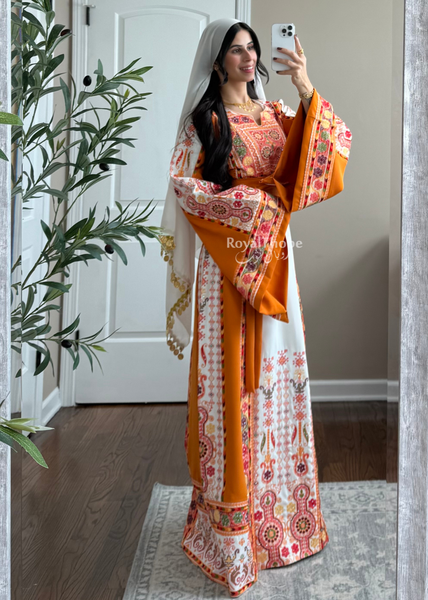 White/ Mustard Orange Maleka Floral Long Embroidered Thobe