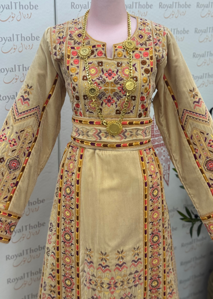 Velvet Beige Long Full Embroidered Thobe