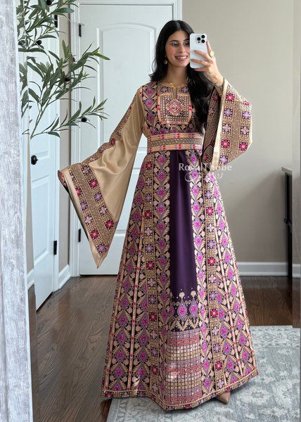 Purple/Beige Floral Long Full Embroidered Thobe With Reversible Beige Satin Belt