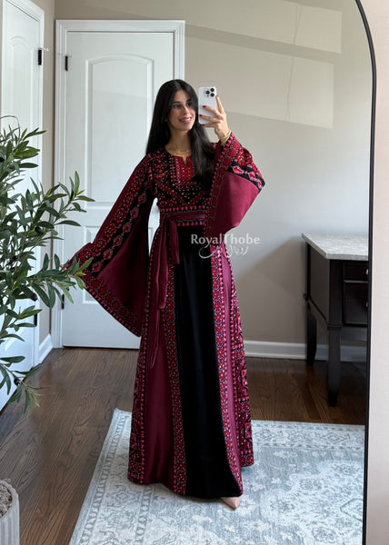 Black/Burgundy Long Full Embroidered Thobe